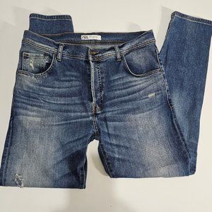 ZARA MEN'S RIPPED SKINNY MID-BLUE JEANS size 34/29